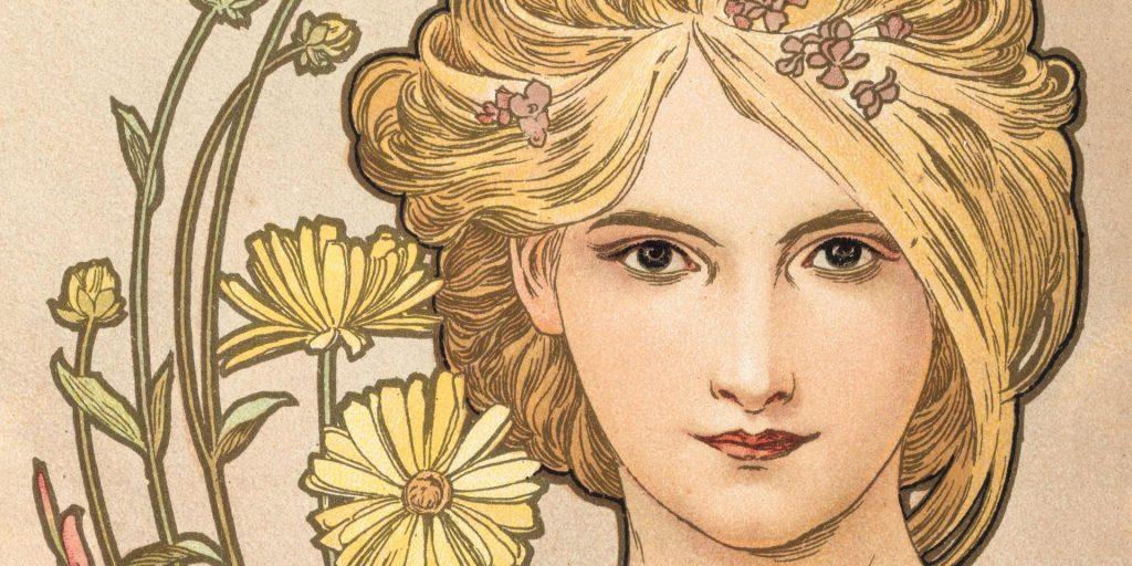 Les Saisons : Printemps, 1900, détail, lithographie en couleurs, 73x32 cm ©Mucha Trust, lithographie exposée à l'exposition de l'hôtel de Caumont