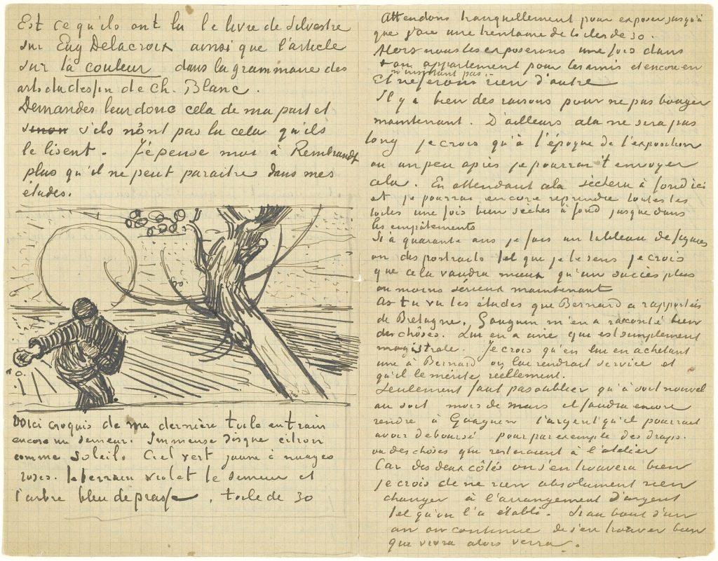 Lettre de Vincent van Gogh à Theo van Gogh avec croquis du semeur au soleil couchant